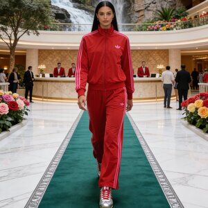 ADIDAS Red Track Jacket & pants with Pink Stripes